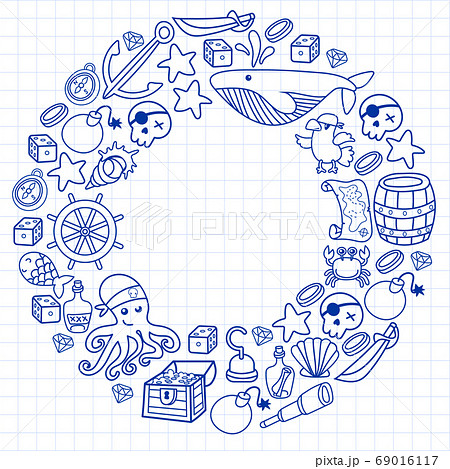 Children pirate party. Symbols of piracy - hat, swords, guns, treasure chest, ship, black flag, jolly roger emblem, skull and crossbones, compass. Children pirate party. Symbols of piracy - hat, swords, guns, treasure chest, ship, black flag, jolly roger emblem, skull and crossbones, compass. 69016117