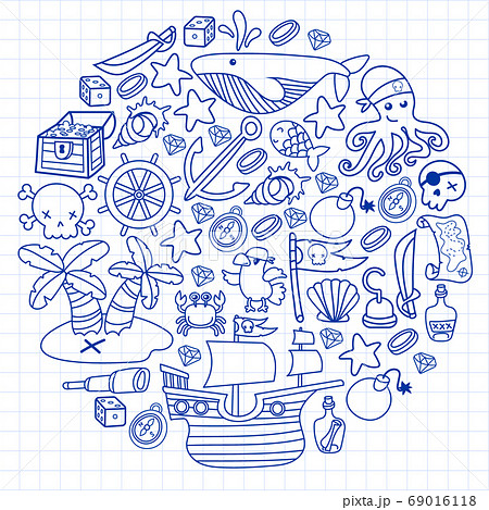 Children pirate party. Symbols of piracy - hat, swords, guns, treasure chest, ship, black flag, jolly roger emblem, skull and crossbones, compass. Children pirate party. Symbols of piracy - hat, swords, guns, treasure chest, ship, black flag, jolly roger emblem, skull and crossbones, compass. 69016118