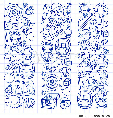 Children pirate party. Symbols of piracy - hat, swords, guns, treasure chest, ship, black flag, jolly roger emblem, skull and crossbones, compass. 69016120