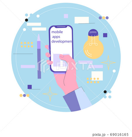 Development of mobile applications or applications for smartphones. hand with the phone. 69016165