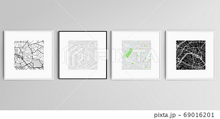 Realistic vector set of square picture frames isolated on gray background with urban city map of Paris. 69016201