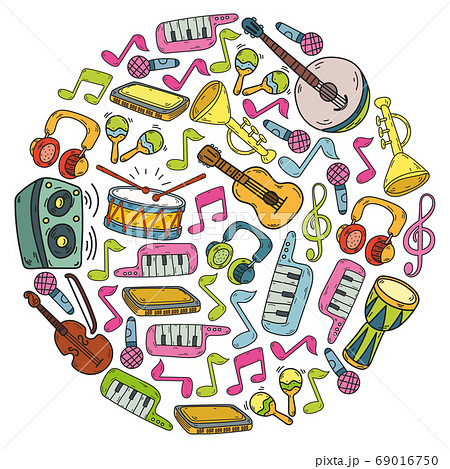 Vector music background with musical instruments. Rock, piano, guitar, jazz. Melody and microphone. Concert. Vector music background with musical instruments. Rock, piano, guitar, jazz. Melody and microphone. Concert. 69016750