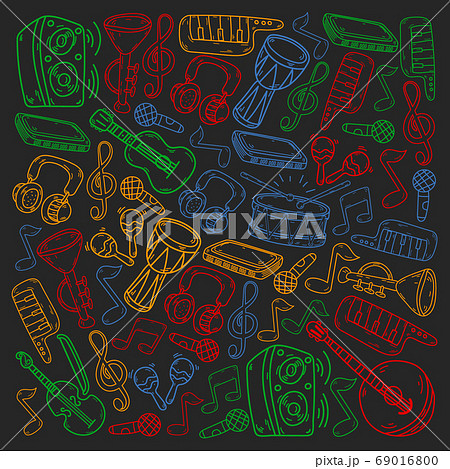 Vector music background with musical instruments. Rock, piano, guitar, jazz. Melody and microphone. Concert. Vector music background with musical instruments. Rock, piano, guitar, jazz. Melody and microphone. Concert. 69016800