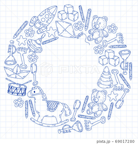Icons for little boys and girls. Hand drawn children drawings pattern. Kindergarten toys background. Vector illustration. 69017280