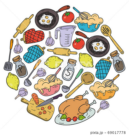 Vector sketch background with kitchen utensils, vegetables, cooking, products, kitchenware. Doodle elements. 69017778