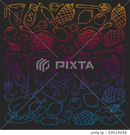 Vector sketch background with kitchen utensils, vegetables, cooking, products, kitchenware. Doodle elements. Vector sketch background with kitchen utensils, vegetables, cooking, products, kitchenware. Doodle elements. 69018098