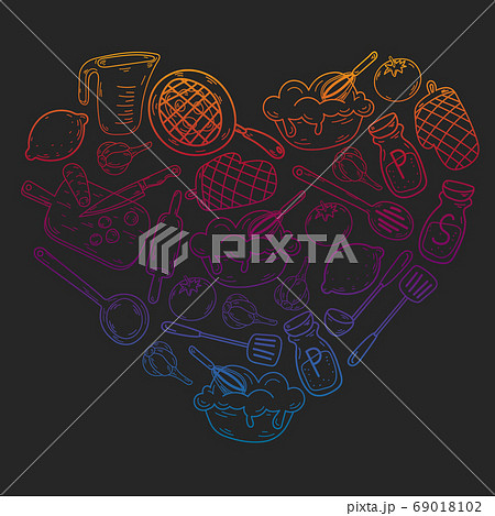 Vector sketch background with kitchen utensils, vegetables, cooking, products, kitchenware. Doodle elements. Vector sketch background with kitchen utensils, vegetables, cooking, products, kitchenware. Doodle elements. 69018102