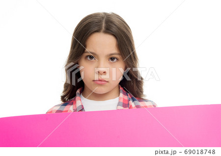 Girl blank surface copy space. Advertisement 69018748