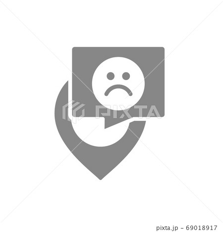 Location mark with speech bubble and sad face gray icon. Negative feedback symbol. 69018917