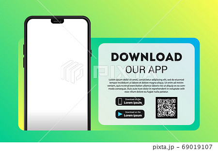 Download page of the mobile app. Empty screen smartphone for you app. Download buttons. Vector illustration 69019107