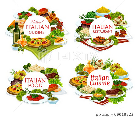 Italian cuisine restaurant dishes round banners 69019522