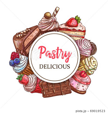 Cakes and cupcakes pastry vector round banner 69019523