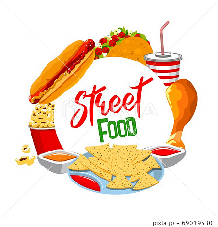 Fast food round banner, isolated vector frame 69019530