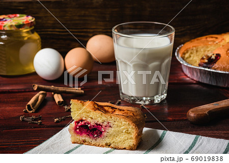 Sweet breakfast with cherry cake and glass of milk 69019838