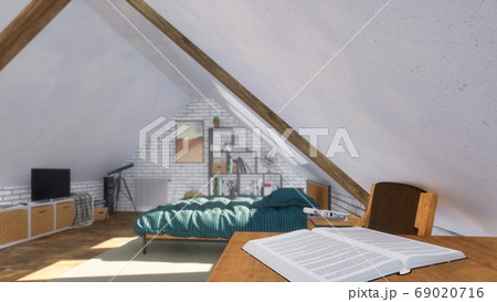 Closeup of open book in bedroom interior on attic Closeup of open book in bedroom interior on attic 69020716