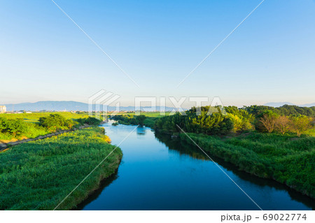 筑後平野 河畔 橋 山並み 風景 筑後平野 河畔 橋 山並み 風景 69022774