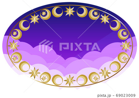 楕円形のフレーム パープル ゴールド アンティークな月と星のイラスト素材