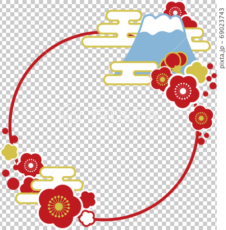 富士と梅の花と霞のシンプルな赤線フレームのイラスト素材