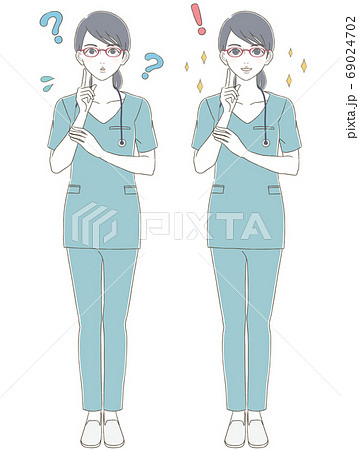 医療 医者手描き風 青いスクラブを着て眼鏡をかけた女性医師の全身イラストセットのイラスト素材