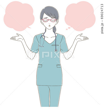 医療 医者手描き風 青いスクラブを着て眼鏡をかけた女性医師の全身イラストセットのイラスト素材