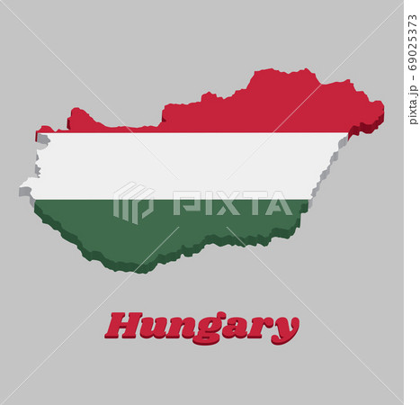 3D Map outline and flag of Hungary, a horizontal tricolor of red white and green. 69025373