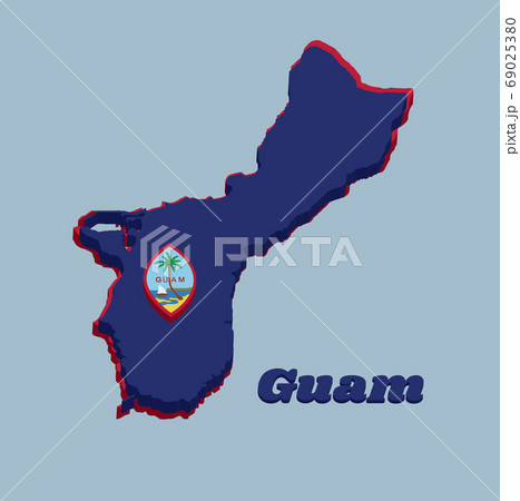3D Map outline and flag of Guam, A dark blue background with a thin red border and the Seal of Guam 69025380