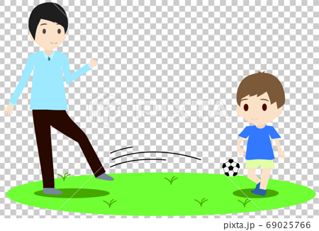 休日の日に子供とサッカーで遊ぶお父さんのイラストのイラスト素材