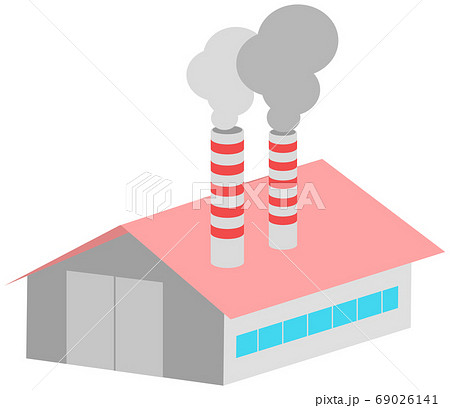 煙をもくもく出す煙突のある工場のイラストのイラスト素材