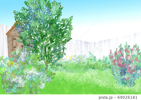 手描き風景イラスト初夏の花咲くガーデンのイラスト素材