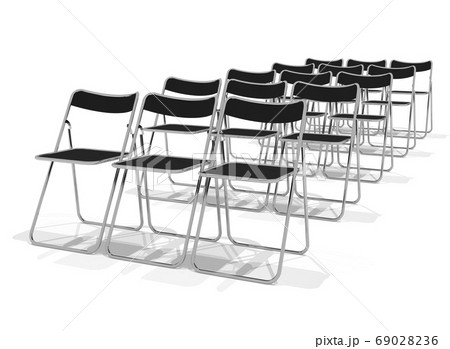 斜めから見た15脚のパイプ椅子の3dレンダリングのイラスト素材