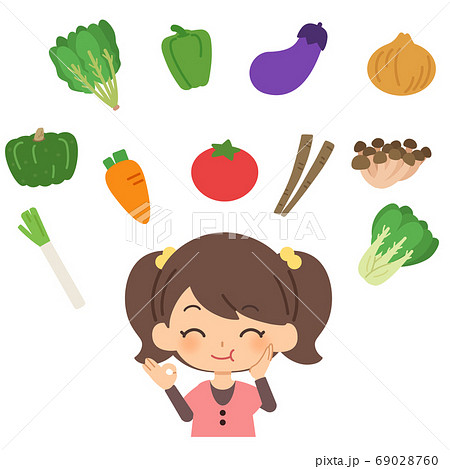 野菜を美味しそうに食べる女の子のイラスト素材
