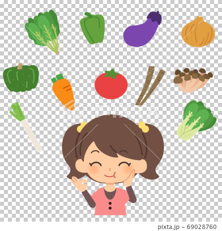 Girl eating vegetables deliciously Girl eating vegetables deliciously 69028760
