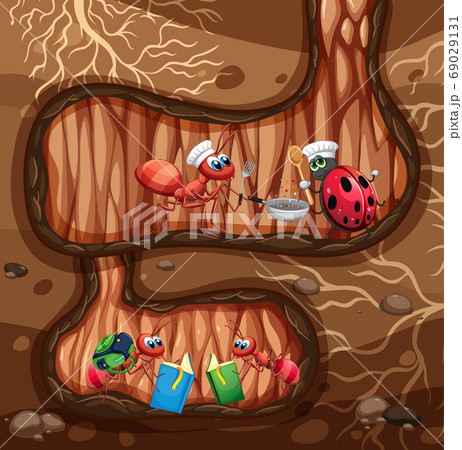 Underground scene with ants reading and cooking Underground scene with ants reading and cooking 69029131