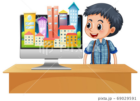 Urban city on computer screen desktop Urban city on computer screen desktop 69029591