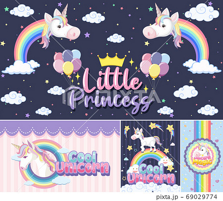 Cute Unicorn Banner On Pastel Background Colorのイラスト素材