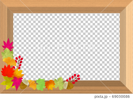 おしゃれな木のフレーム 秋の葉と木の実のイラスト素材