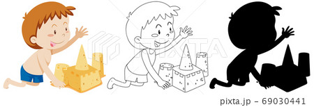 Boy building sand castle with its outline and Boy building sand castle with its outline and 69030441