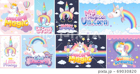 Cute unicorn banner on pastel background color Cute unicorn banner on pastel background color 69030820