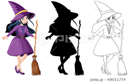 Witch with broomstick in color and outline and 69031754