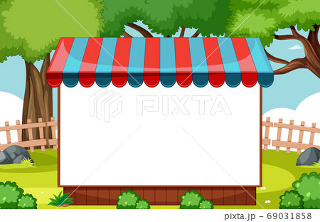Blank banner with awning in nature park scene Blank banner with awning in nature park scene 69031858