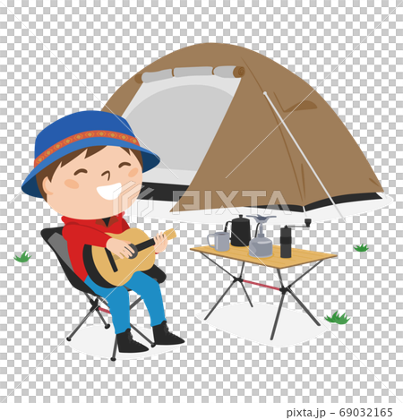 テントをはって一人でキャンプしてる男性のイラスト のイラスト素材