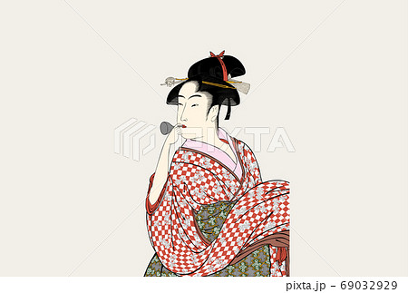 年賀状 喜多川歌麿 ポッピンを吹く女 横中のイラスト素材 [69032929 
