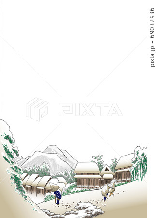 年賀状　歌川広重　夜之雪　明るいバージョン　縦　白バック 69032936