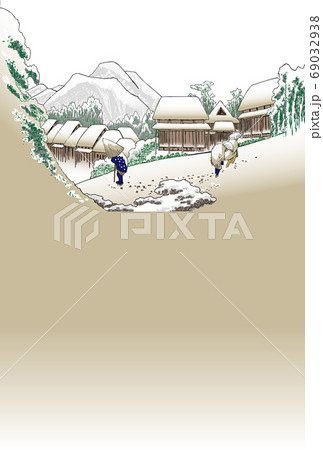 年賀状　歌川広重　夜之雪　明るいバージョン　縦上　白バック 69032938