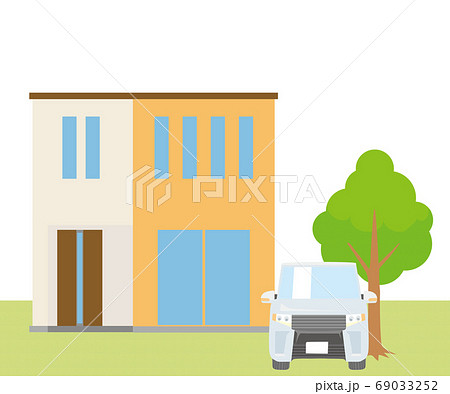 一戸建て、一軒家のイラスト（二階建て）と車、植木、芝生の背景_マイホーム、木造住宅_ベクターデータ 69033252