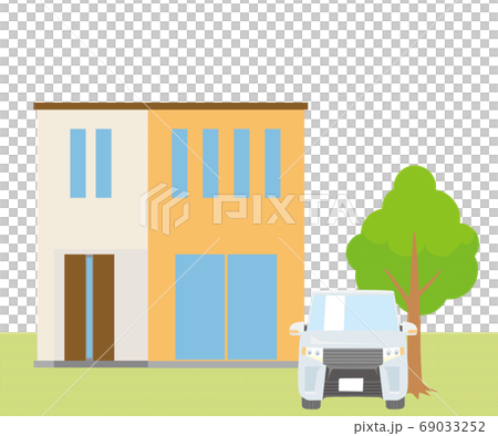 一戸建て、一軒家のイラスト（二階建て）と車、植木、芝生の背景_マイホーム、木造住宅_ベクターデータ 69033252