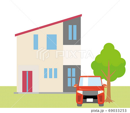 一戸建て、一軒家のイラスト（二階建て）と車、植木、芝生の背景_マイホーム、木造住宅_ベクターデータ 69033253