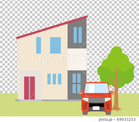 Detached house, single house illustration (two-story) and car, plant, lawn background_my home, wooden house_vector data 69033253