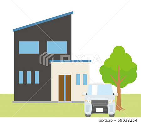一戸建て 一軒家のイラスト 二階建て と車 植木 芝生の背景 マイホーム 木造住宅 ベクターデータのイラスト素材