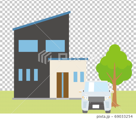 Detached house, single house illustration (two-story) and car, plant, lawn background_my home, wooden house_vector data 69033254